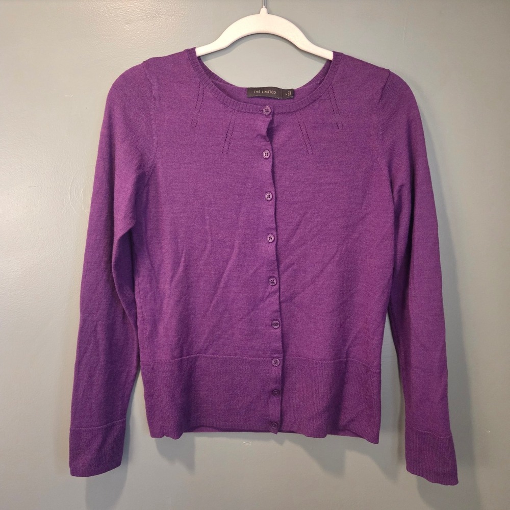 The Limited Wool Blend Button Up Cardigan Women's L Purple Lightweight Sweater